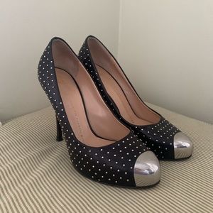 Giuseppe Zanotti Black Leather Studded Nailhead Pumps Silver Cap Toe Heels